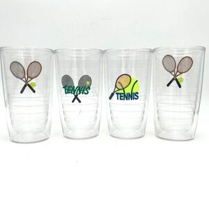 Tervis Tennis Tumbler Set of 4 Insulated 16oz Clear Glasses Rackets Ball Patch